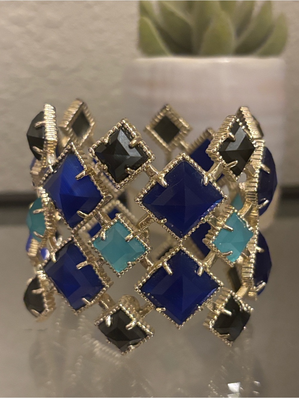 Rare vintage Selene Cuff Bracelet Cobalt Blue, Black Cats Eyes & Azure Blue